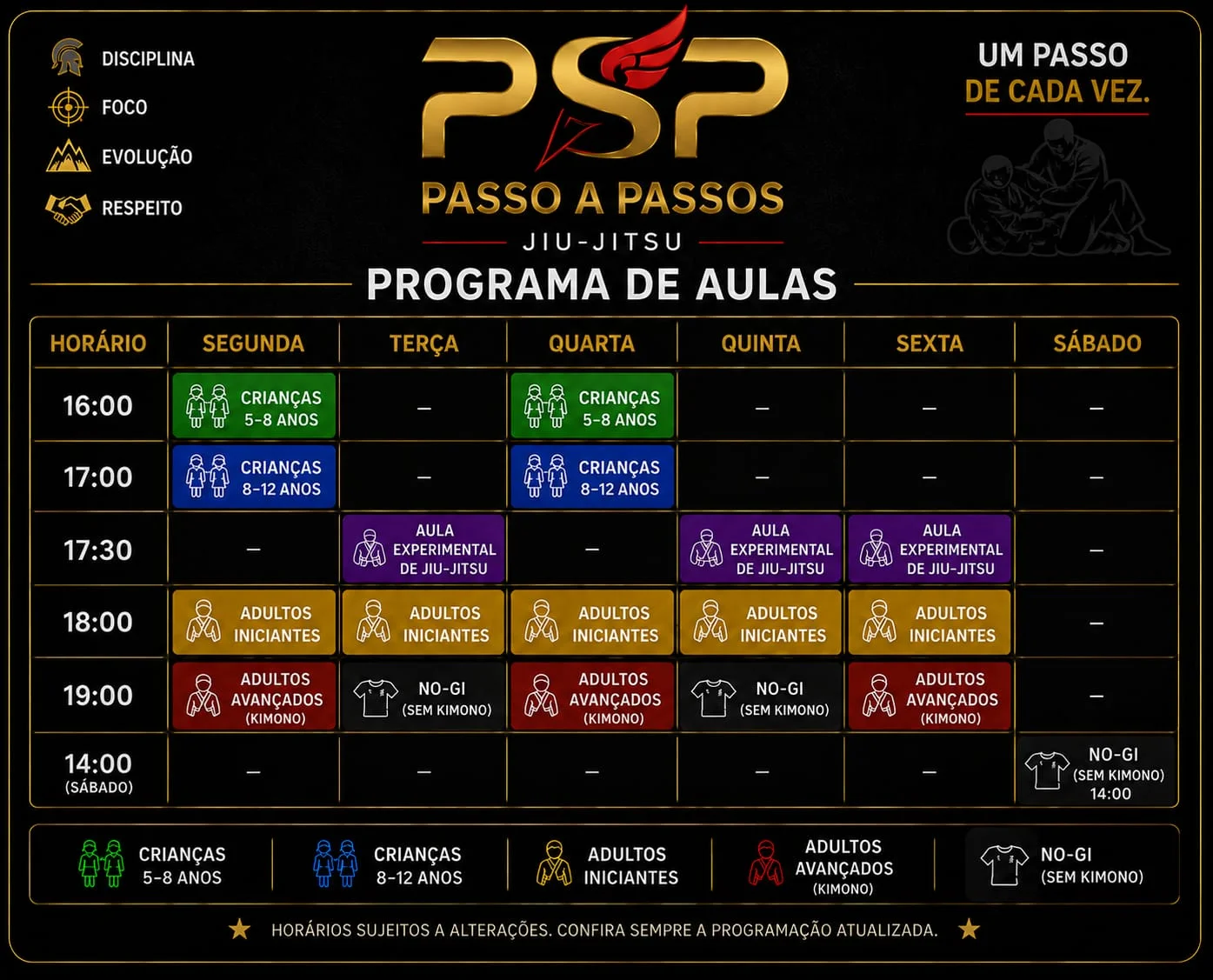 Tabela de horários das aulas de Jiu-Jitsu da Passo a Passos Jiu-Jitsu em Passos MG